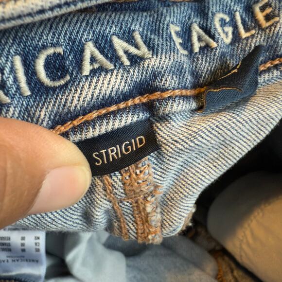 AE Strigid Super High-Waisted Baggy Straight Cut-Out Jeans Blue Size 00 - Picture 7 of 12